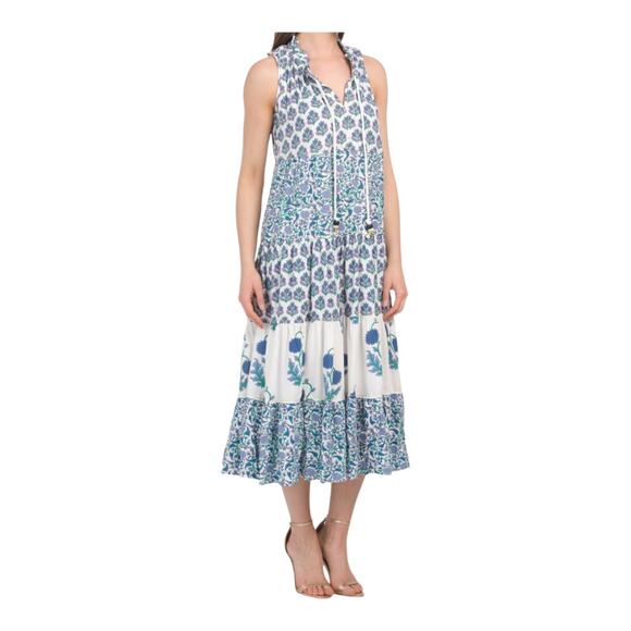 Chelsea & Theodore Split Neck Boho‎ Midi Dress Blue Floral Block Print - Picture 1 of 14